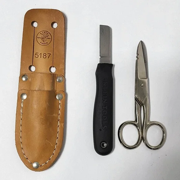 Klein Tools 2100-7 Electricians Scissors Knife and 5187 Leather Pouch Set USA - Picture 3 of 8